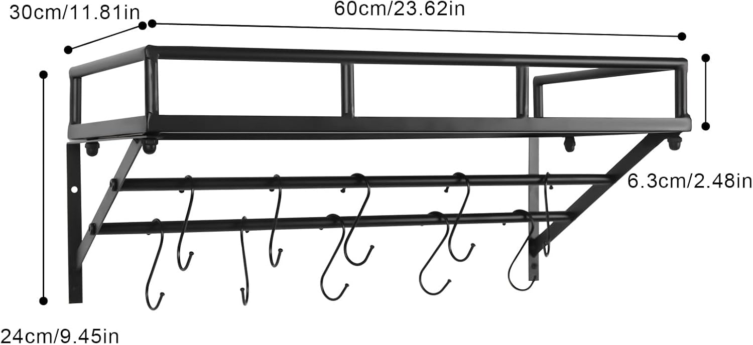 24 Inch Wall Mount Pot Rack with Dual Rails & 10 Hooks