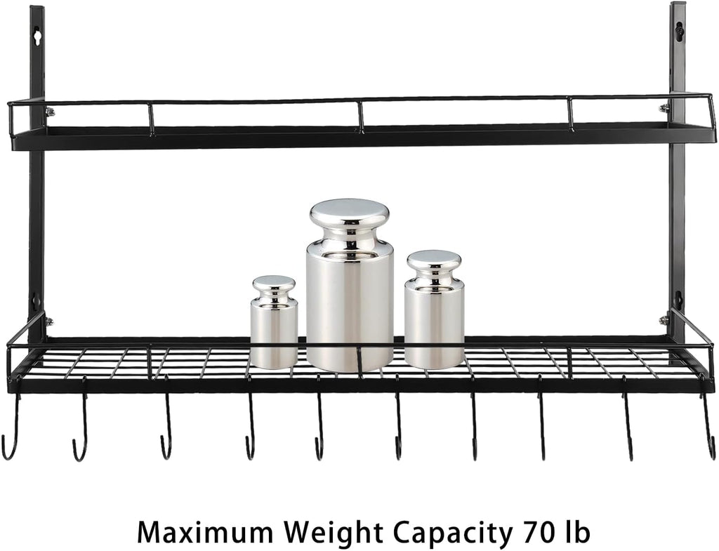 2-Tier Black Wall Mount Pot Rack with 10 Hooks