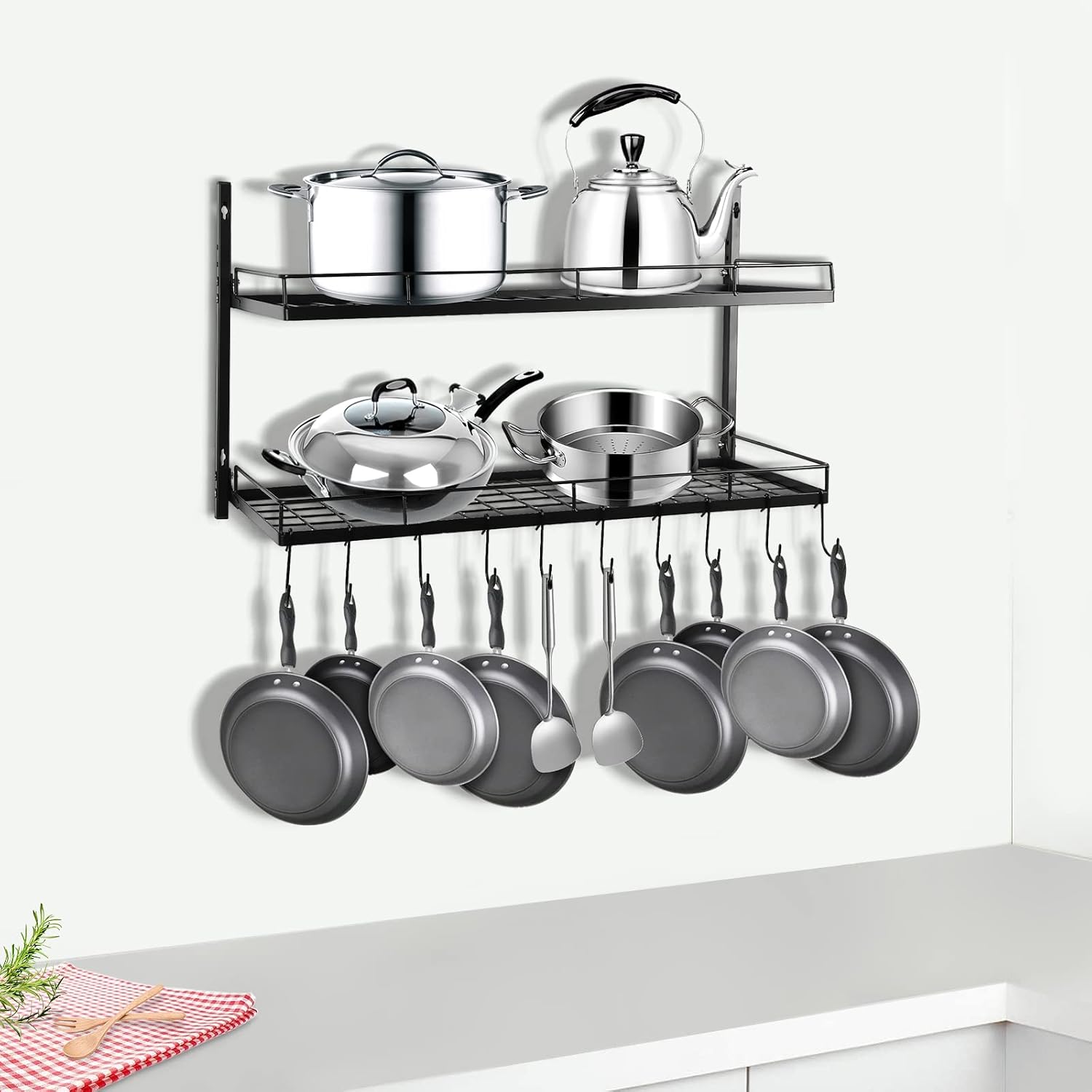 2-Tier Black Wall Mount Pot Rack with 10 Hooks