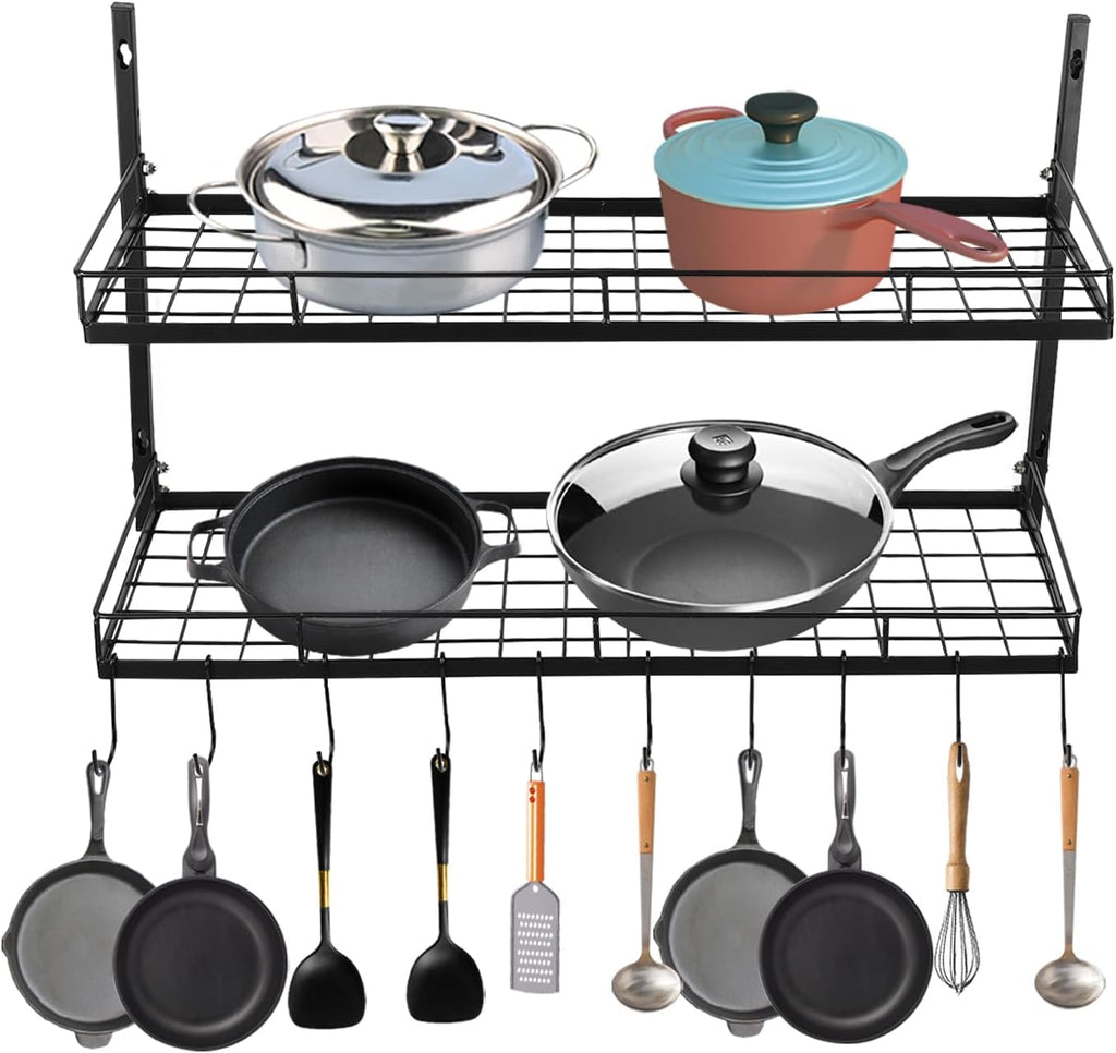 2-Tier Black Wall Mount Pot Rack with S-Hooks