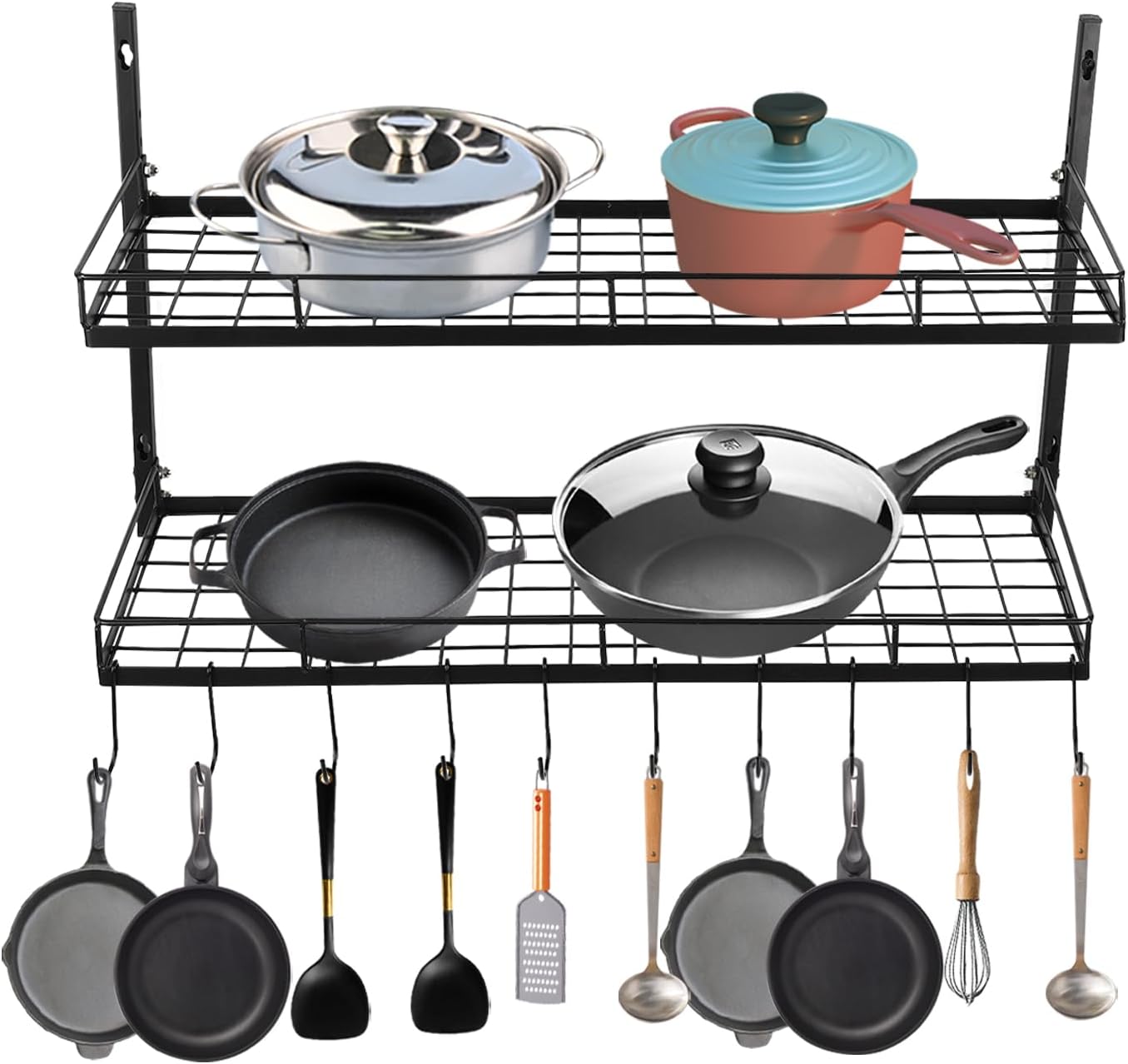 2-Tier Black Wall Mount Pot Rack with S-Hooks