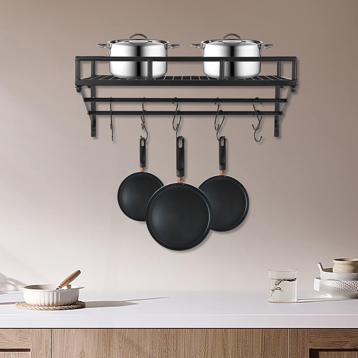 24 Inch Wall Mount Pot Rack with Dual Rails & 10 Hooks