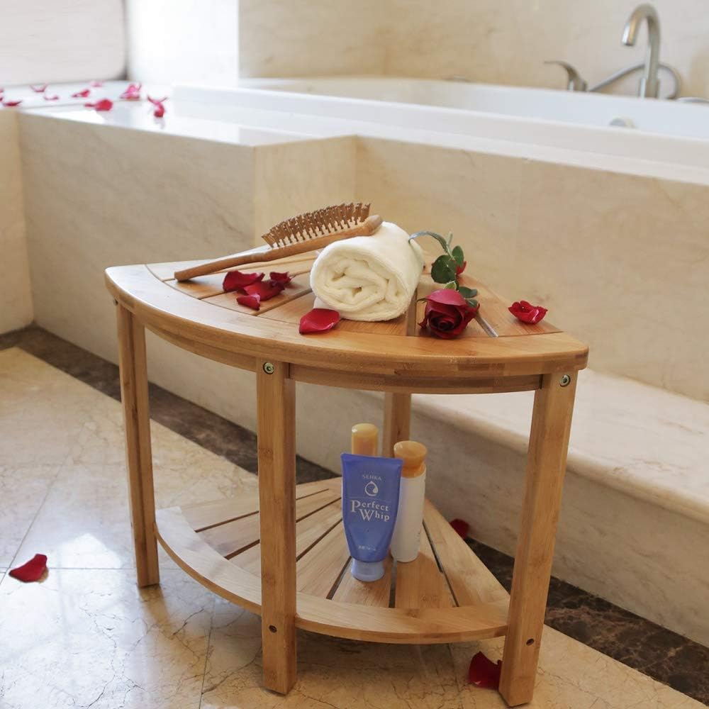 Bamboo Corner Shower Bench with Storage Shelf
