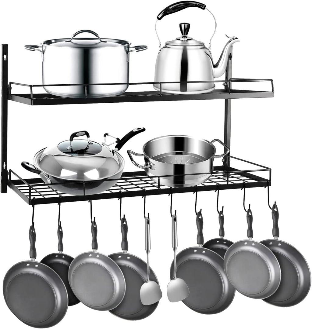 2-Tier Black Wall Pot Rack with 10 Hooks