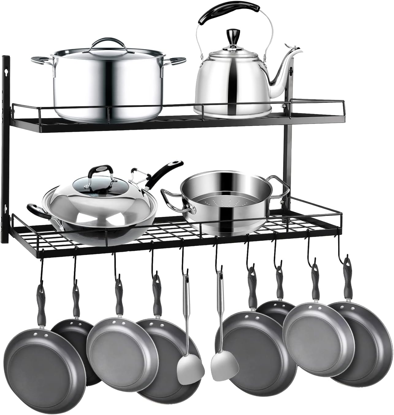2-Tier Black Wall Pot Rack with 10 Hooks