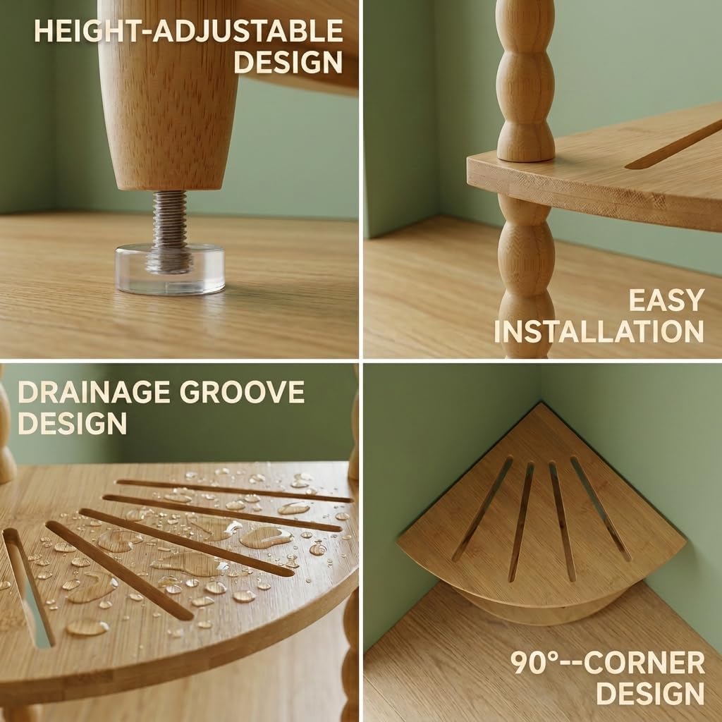 3-Tier Adjustable Bamboo Corner Shower Caddy