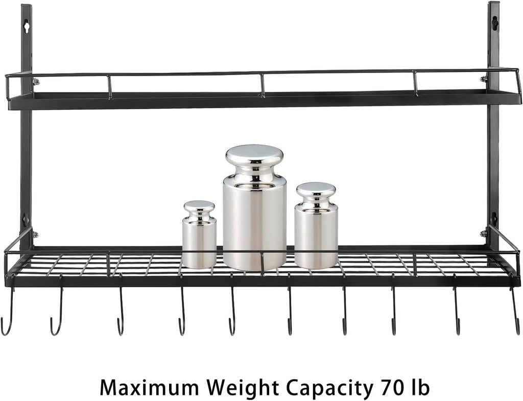 2-Tier Adjustable Wall Mount Pot Rack with 10 Hooks