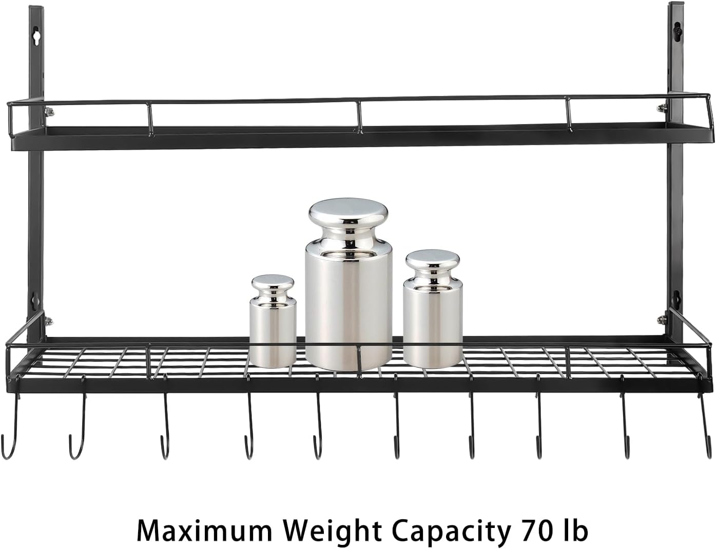 2-Tier Adjustable Wall Mount Pot Rack with 10 Hooks