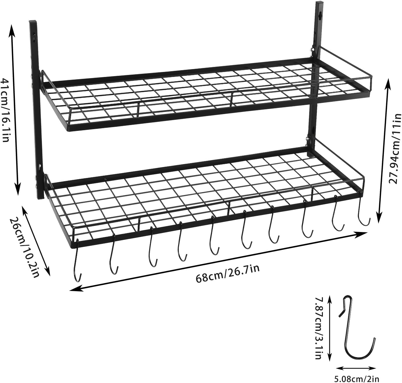 2-Tier Black Wall Mount Pot Rack with S-Hooks