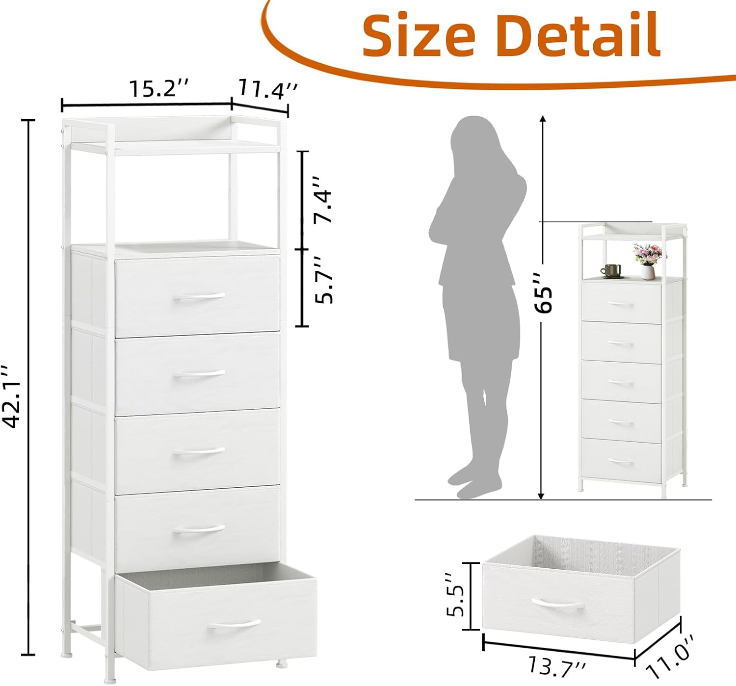 White Leather 5-Drawer Nightstand