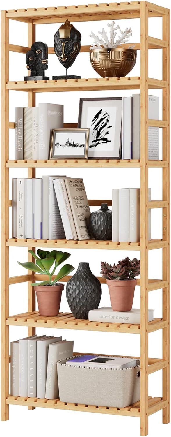 6-Tier Adjustable Natural Bamboo Storage Shelf