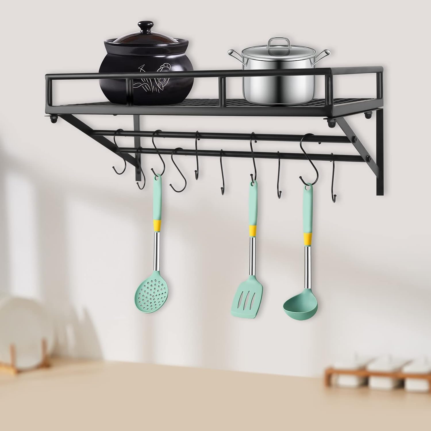 24 Inch Wall Mount Pot Rack with Dual Rails & 10 Hooks