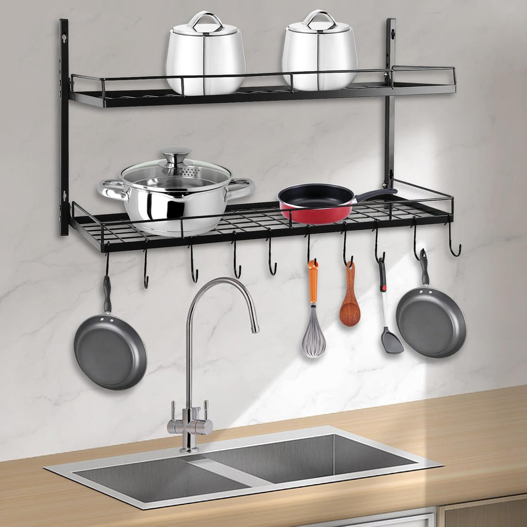 2-Tier Black Wall Mount Pot Rack with S-Hooks