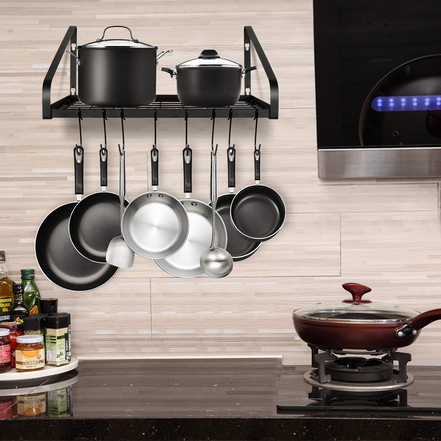 Black Wall Pot Rack 8 Hooks Dual Mount