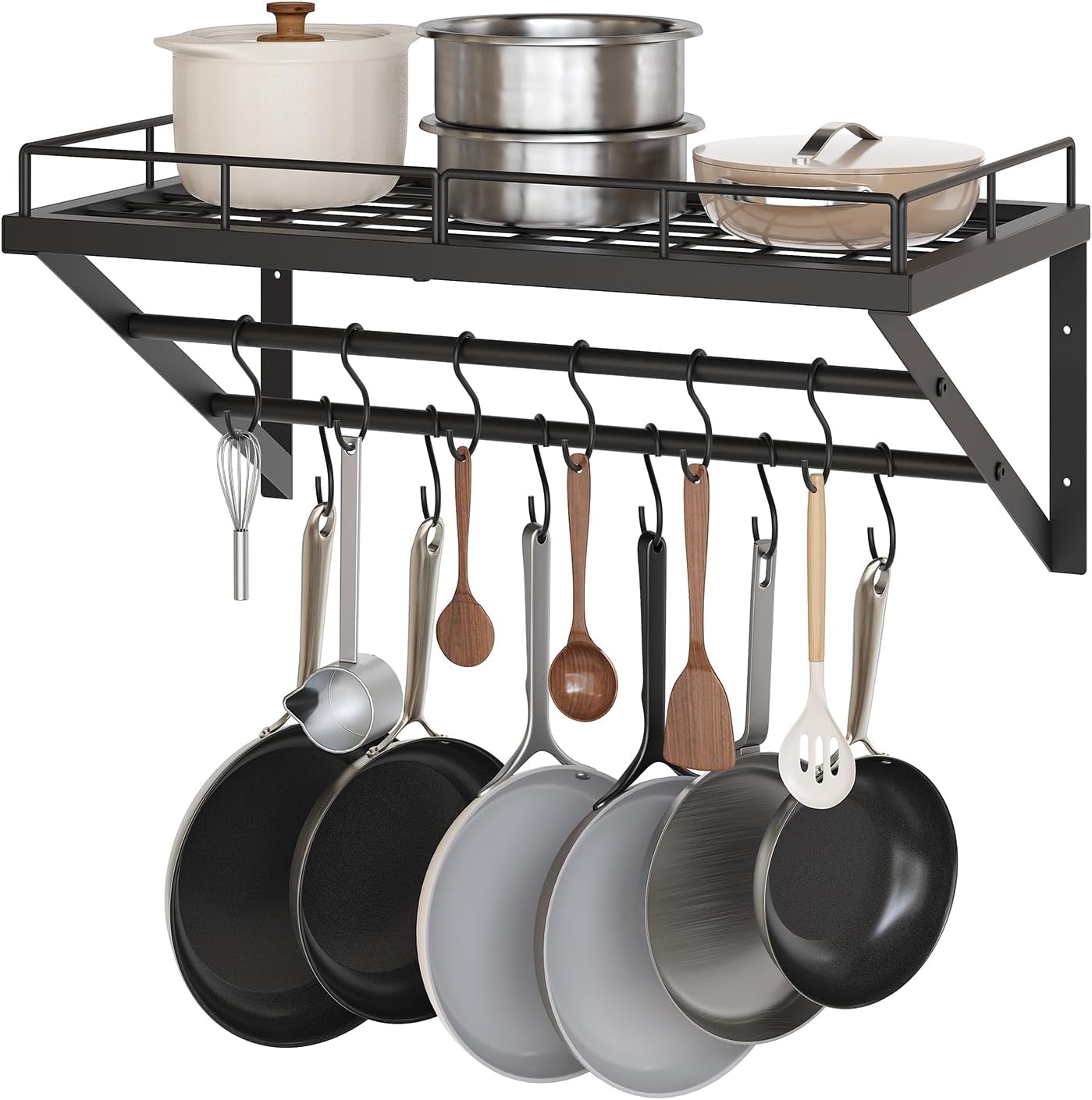 2-Tier Black Metal Wall Mount Pot Rack with 12 Hooks