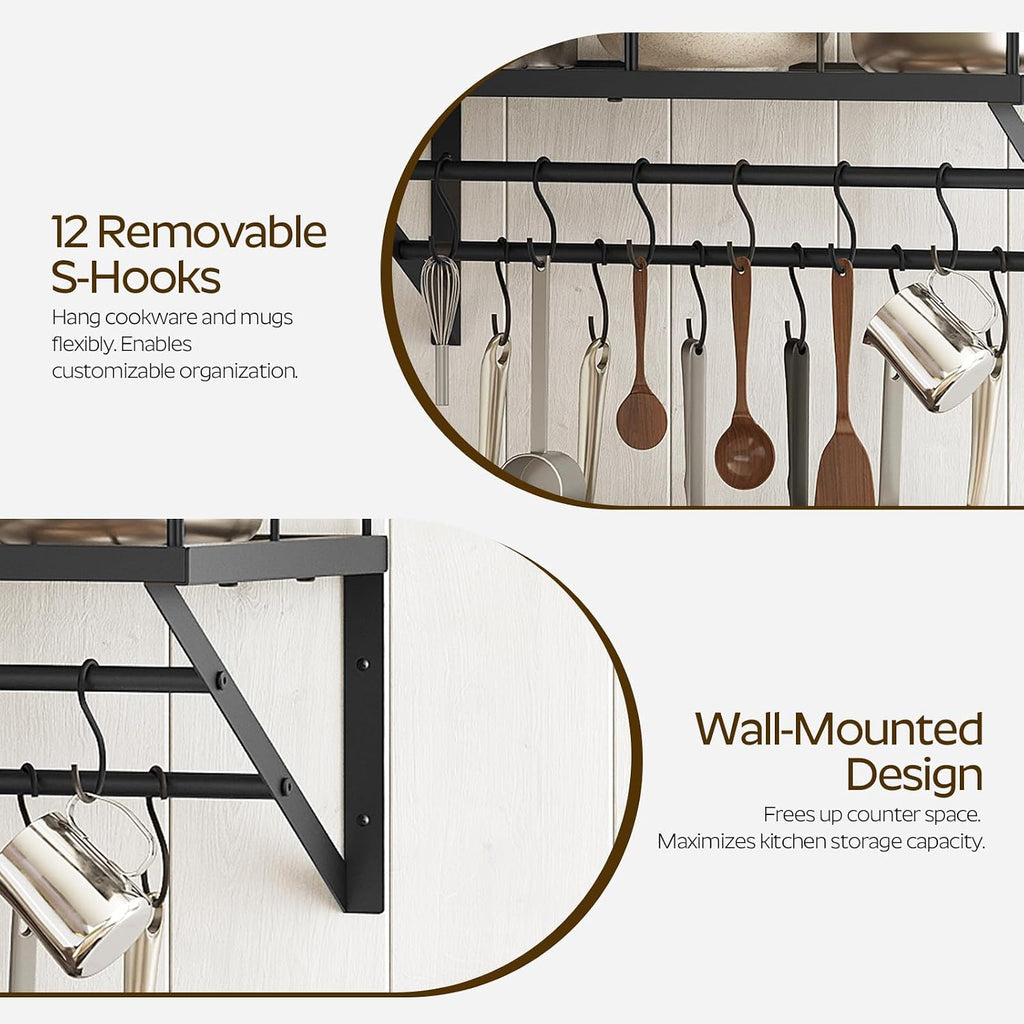 2-Tier Black Metal Wall Mount Pot Rack with 12 Hooks