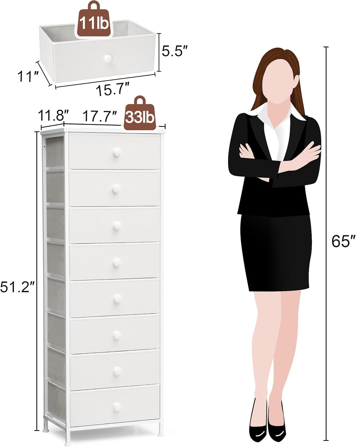 White 8-Drawer Fabric Dresser