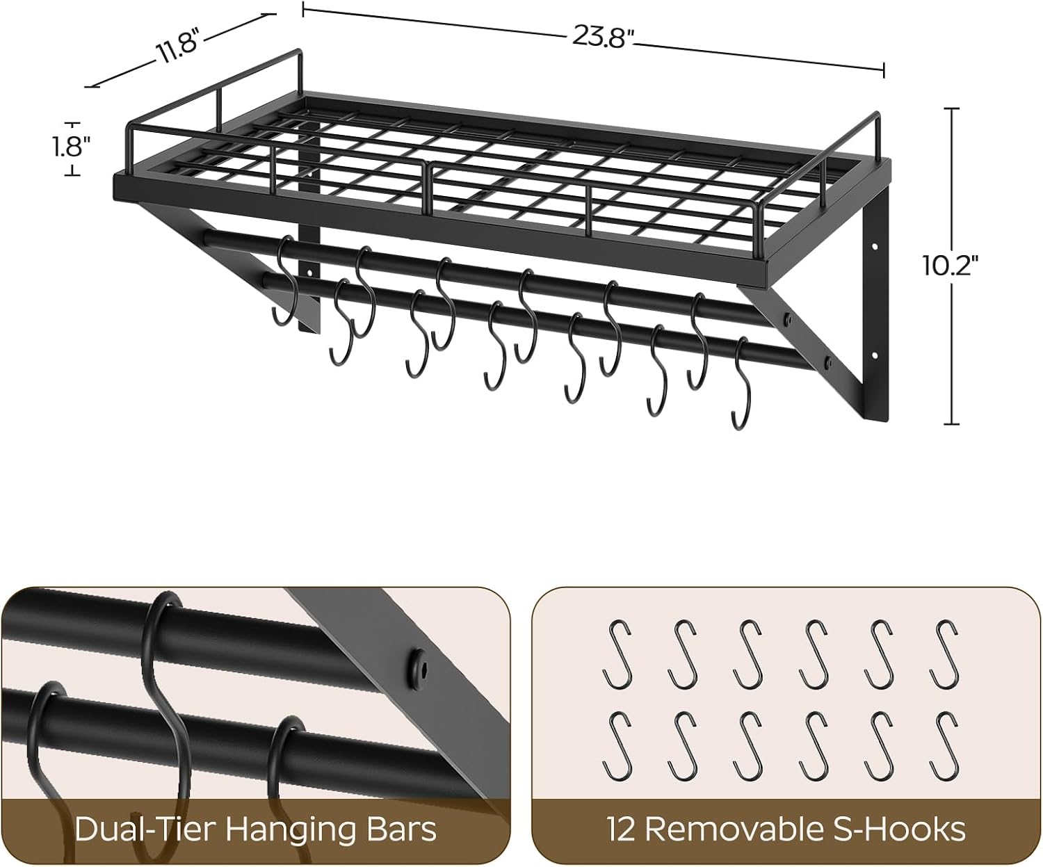 2-Tier Black Metal Wall Mount Pot Rack with 12 Hooks