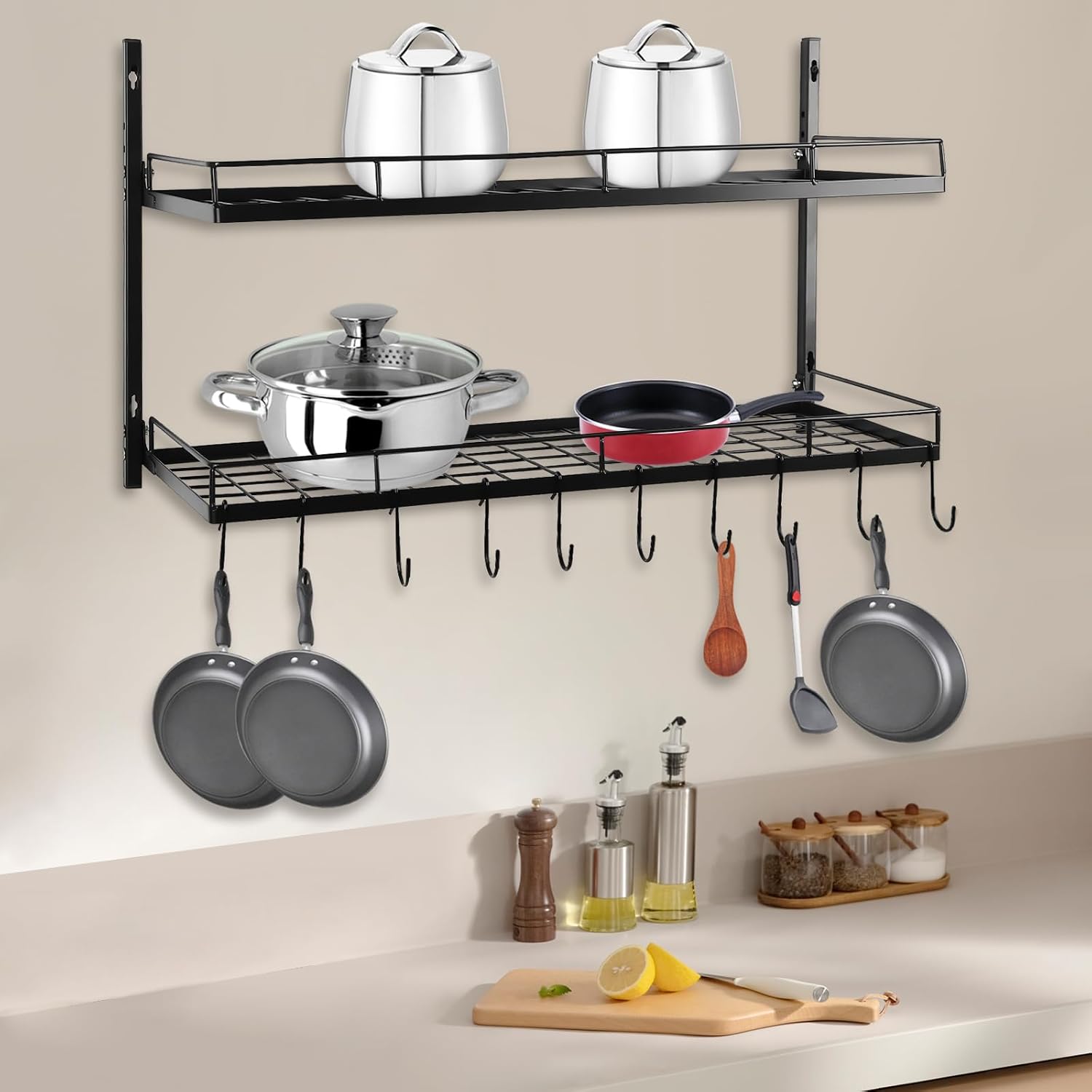 2-Tier Adjustable Wall Mount Pot Rack with 10 Hooks