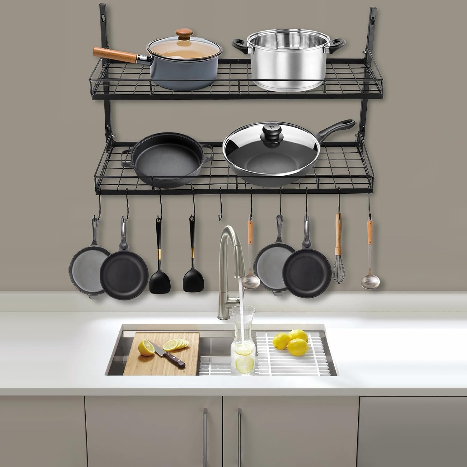 2-Tier Black Wall Pot Rack with 10 Hooks