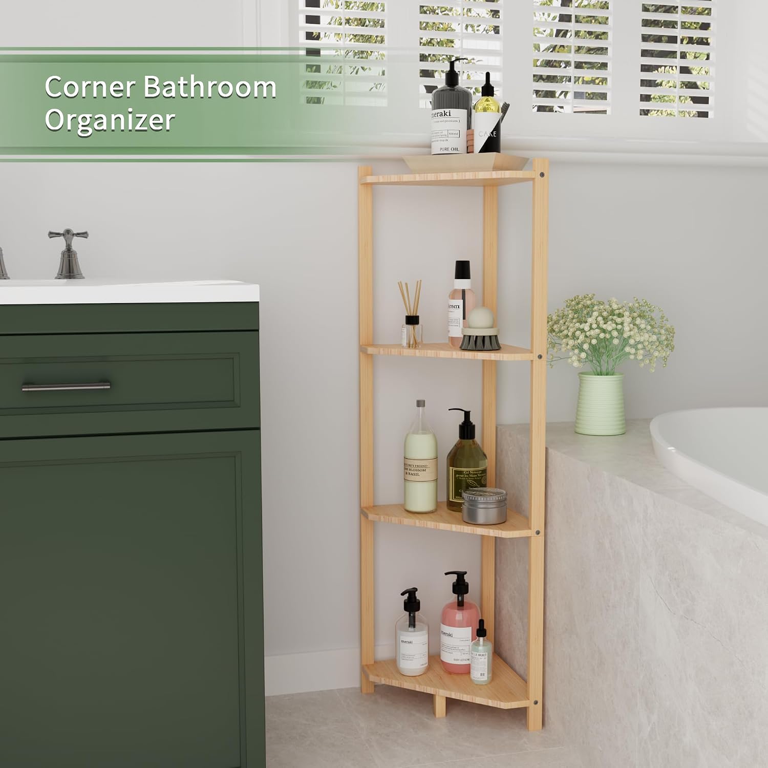 4 Tier Natural Bamboo Corner Storage Shelf