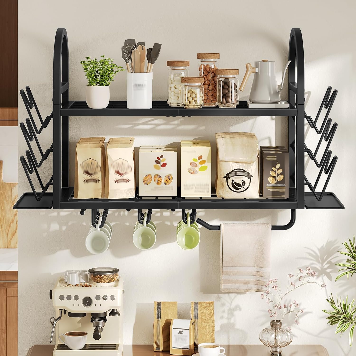 30 Inch Black Wall Mount Pot Rack with Lid Holders & Towel Bar