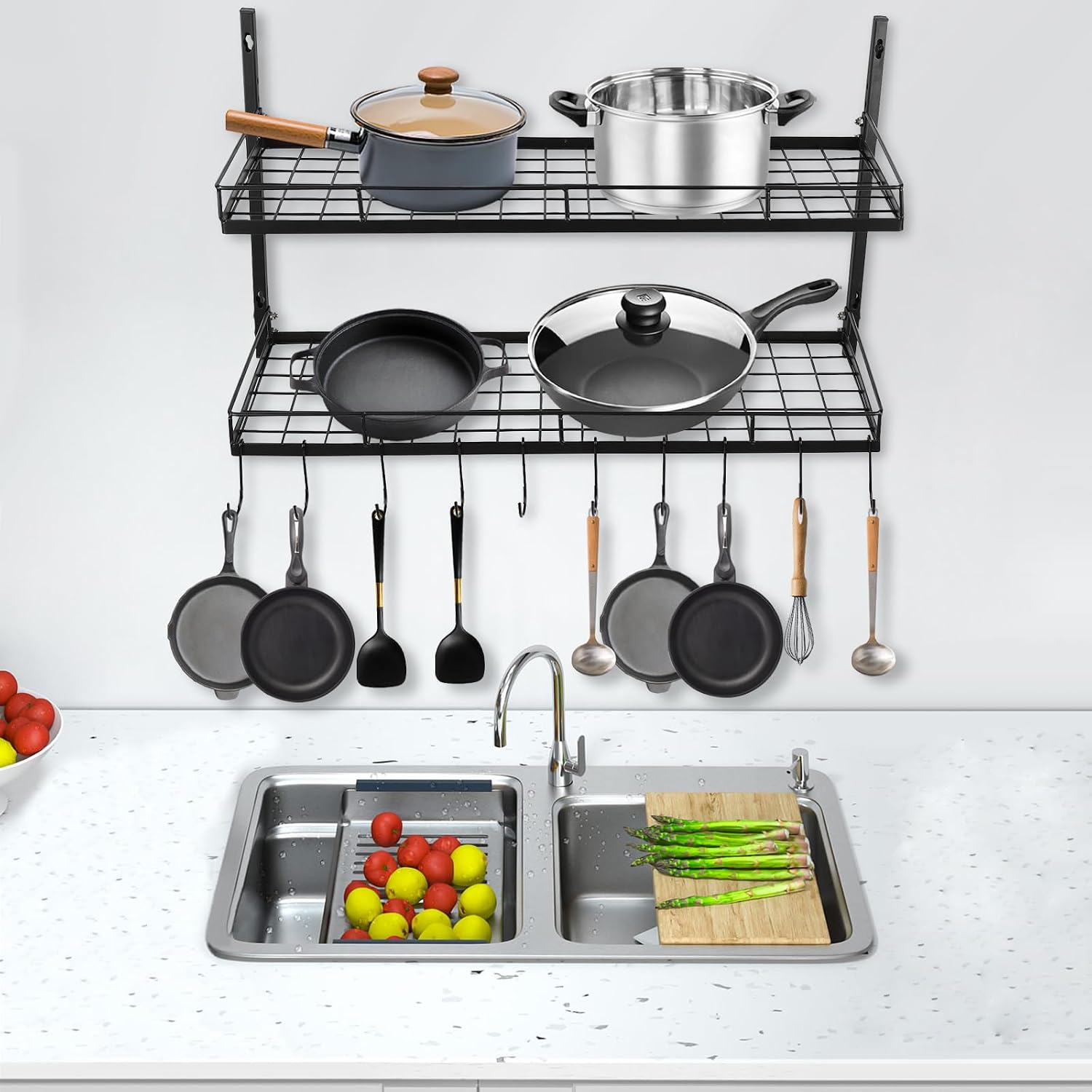 2-Tier Black Wall Mount Pot Rack with S-Hooks