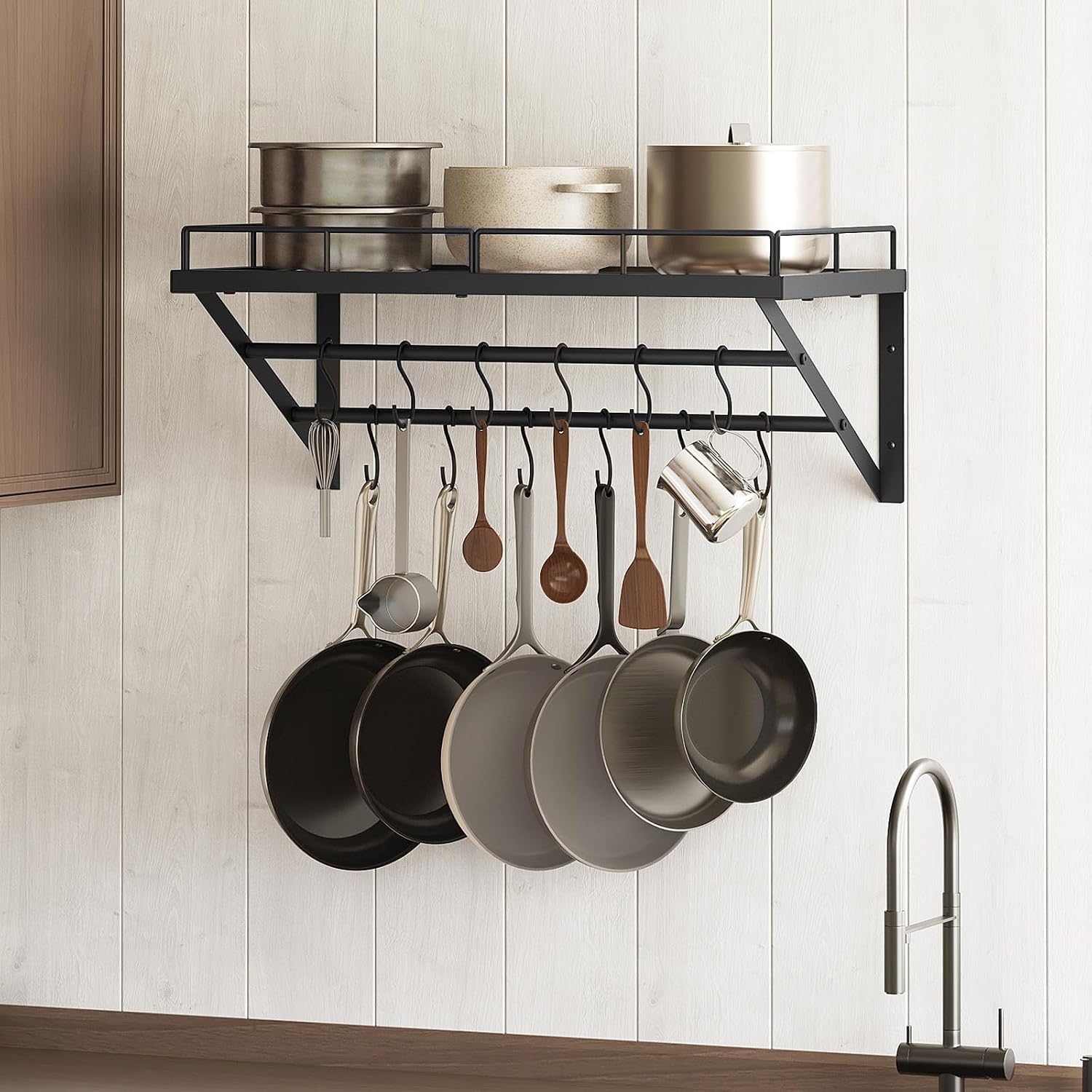 2-Tier Black Metal Wall Mount Pot Rack with 12 Hooks
