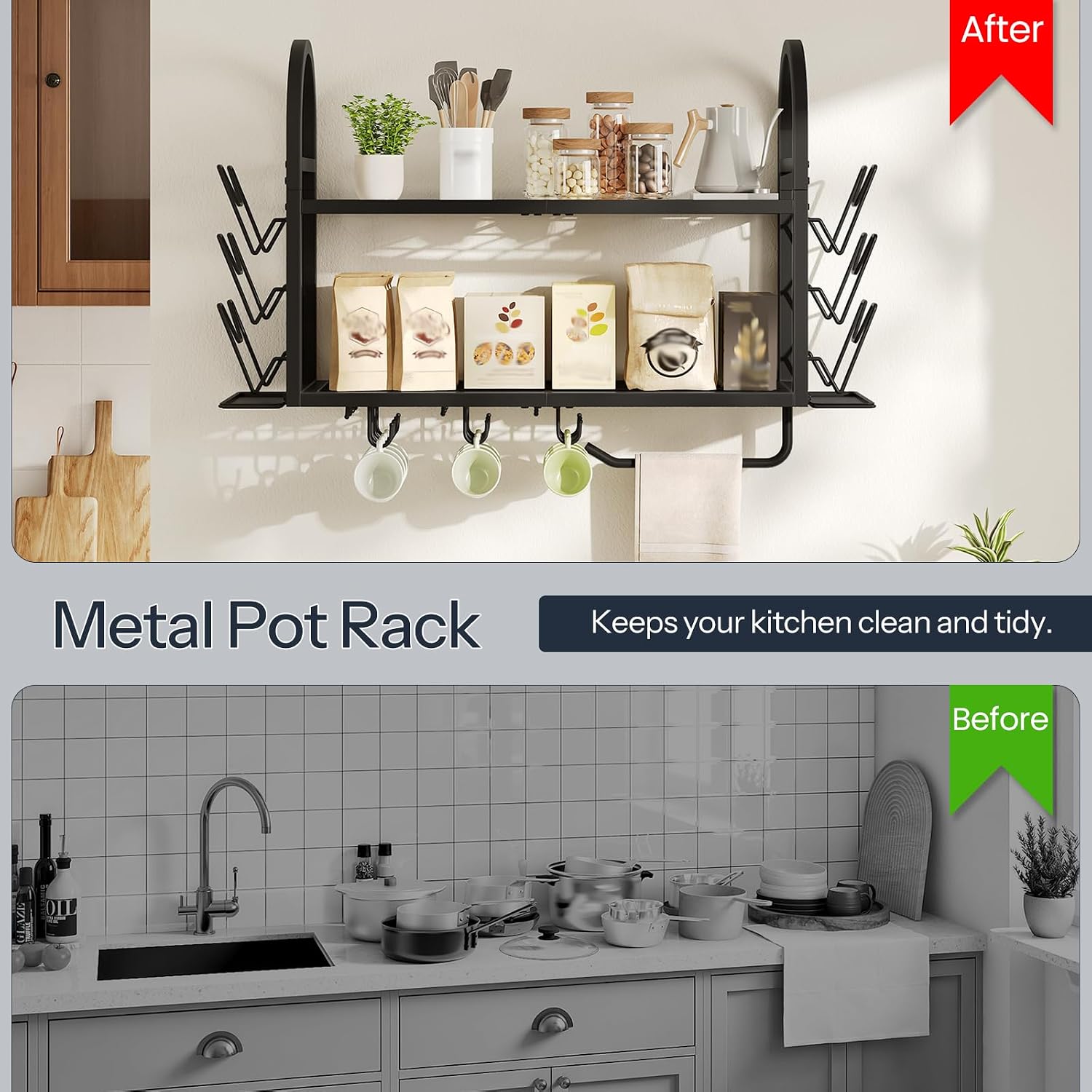 30 Inch Black Wall Mount Pot Rack with Lid Holders & Towel Bar