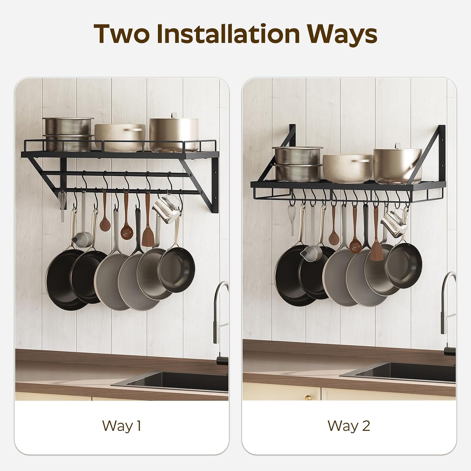 2-Tier Black Metal Wall Mount Pot Rack with 12 Hooks