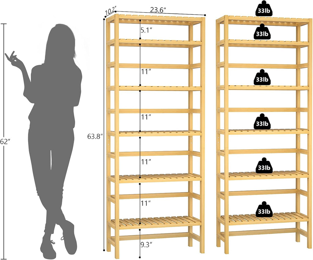 6-Tier Adjustable Shallow Bamboo Bookshelf