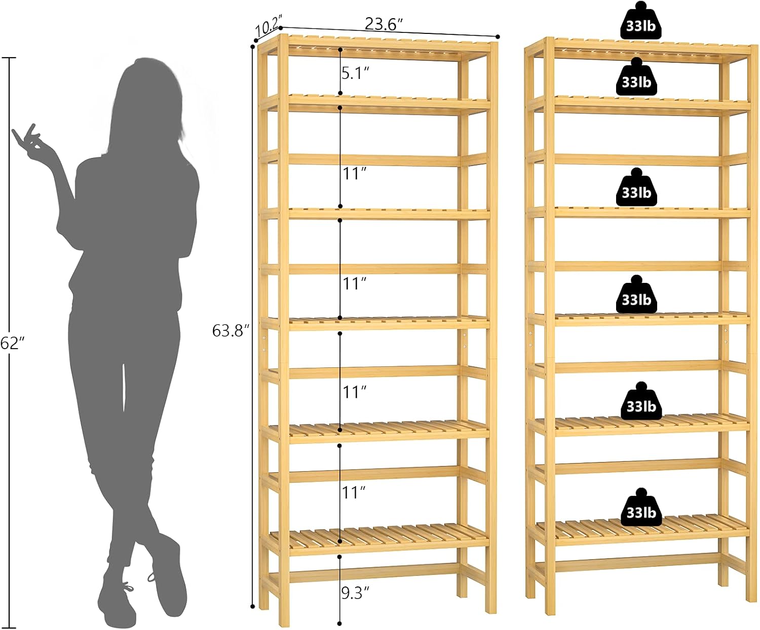 6-Tier Adjustable Shallow Bamboo Bookshelf