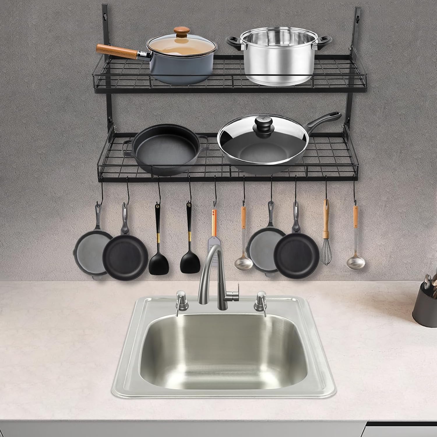 2-Tier Black Wall Pot Rack with 10 Hooks