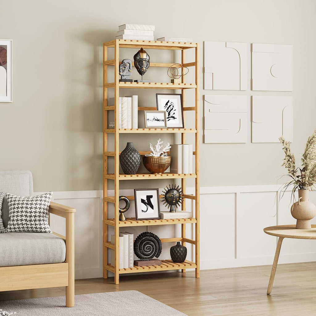 6-Tier Adjustable Natural Bamboo Storage Shelf
