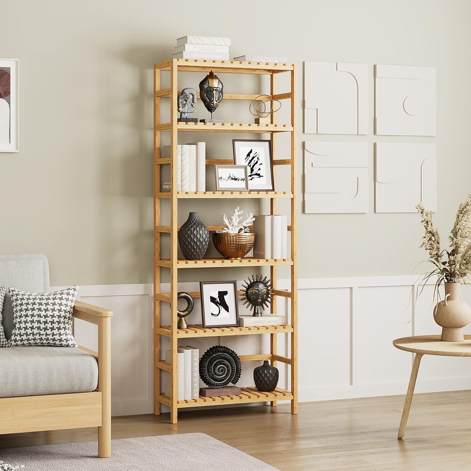 6-Tier Adjustable Natural Bamboo Storage Shelf
