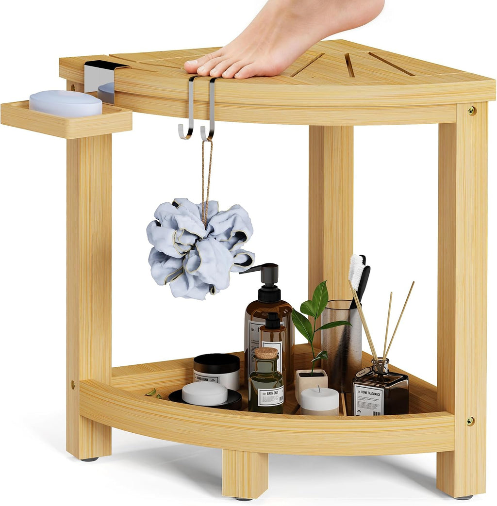 2-Tier Natural Bamboo Corner Shower Stool
