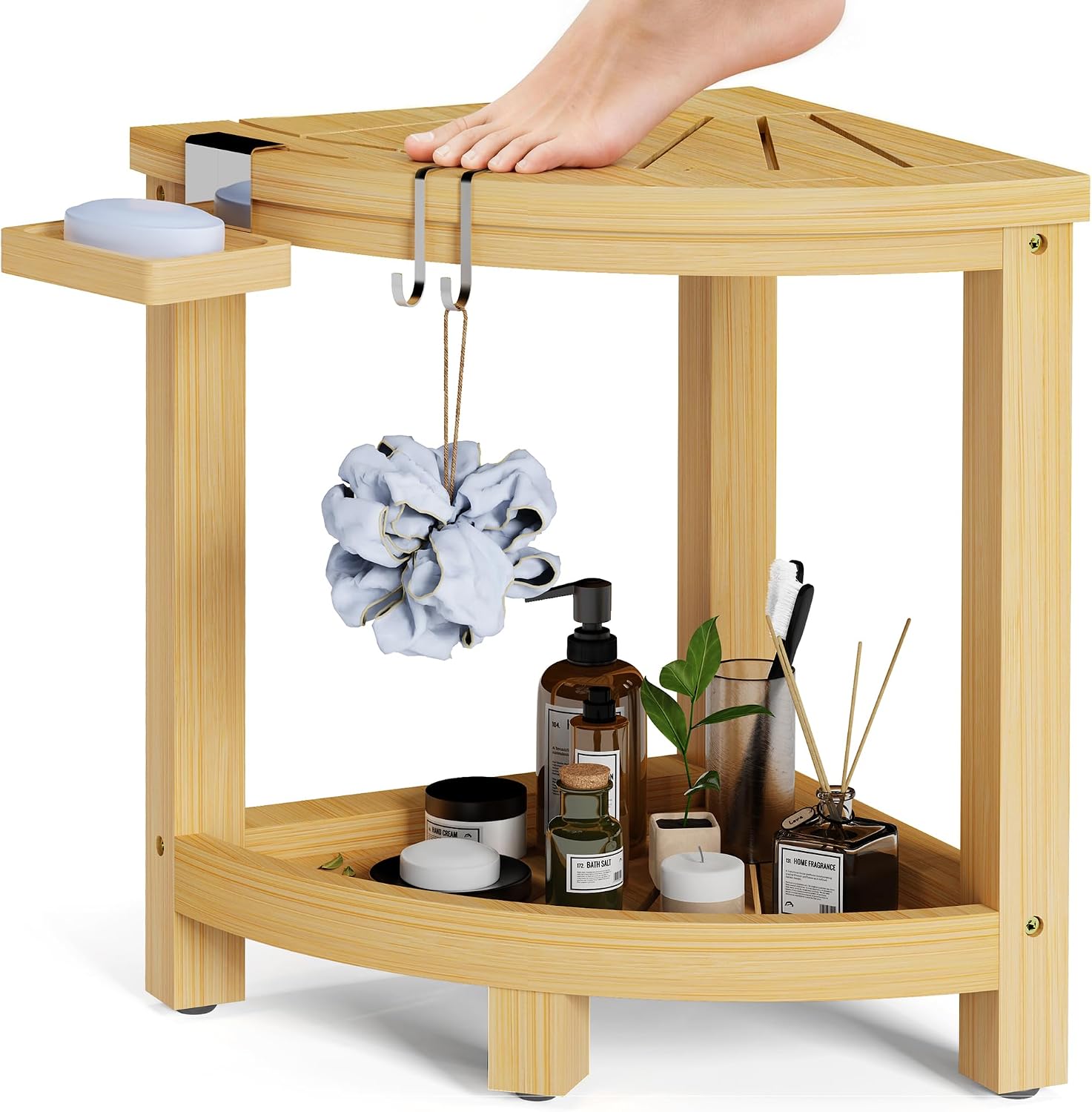 2-Tier Natural Bamboo Corner Shower Stool