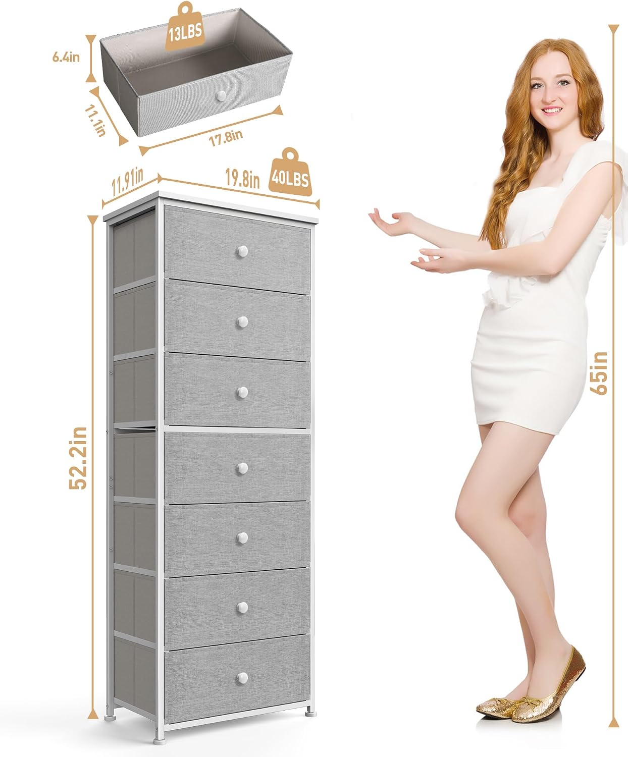Light Grey 7-Drawer Fabric Dresser