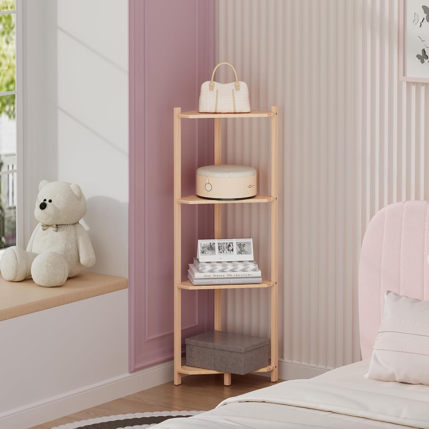 4 Tier Natural Bamboo Corner Storage Shelf