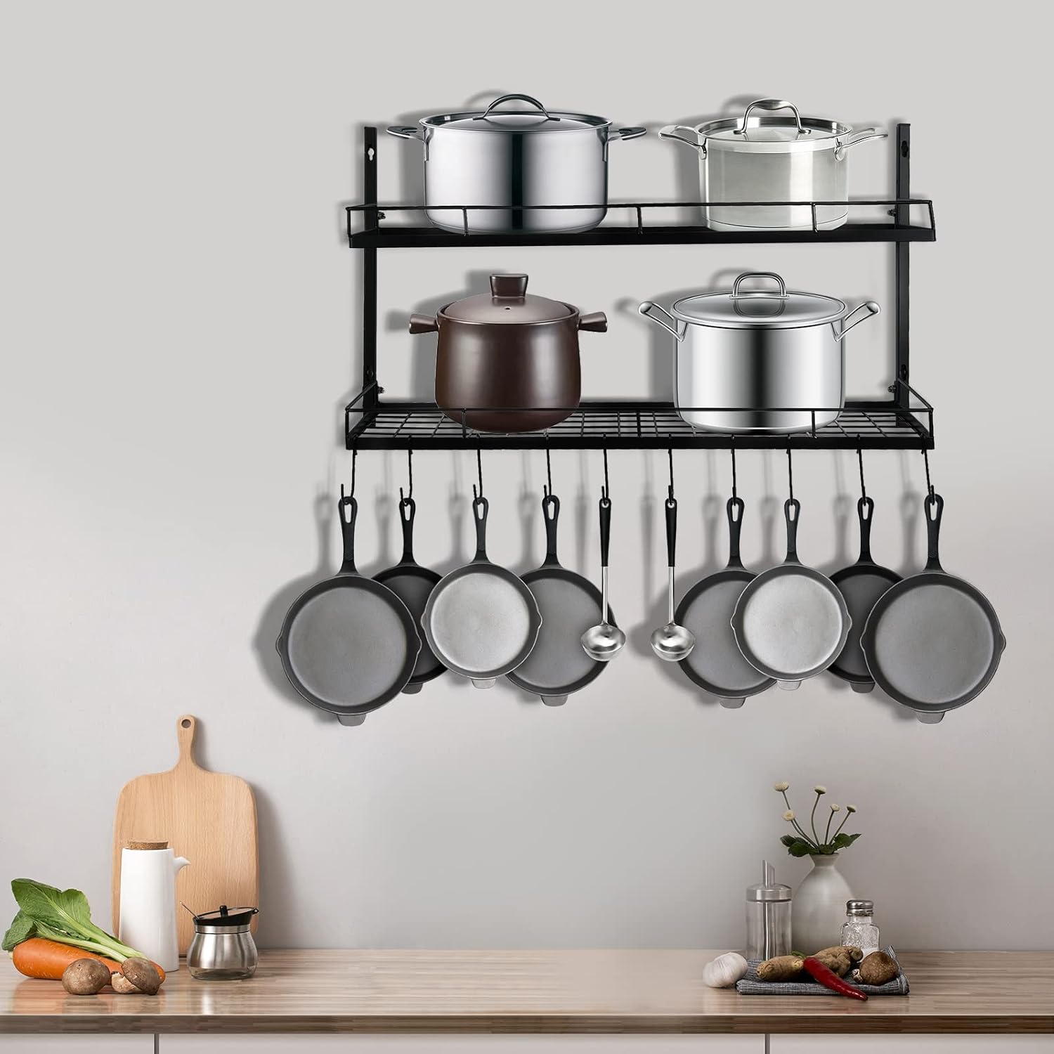 2-Tier Black Wall Mount Pot Rack with 10 Hooks