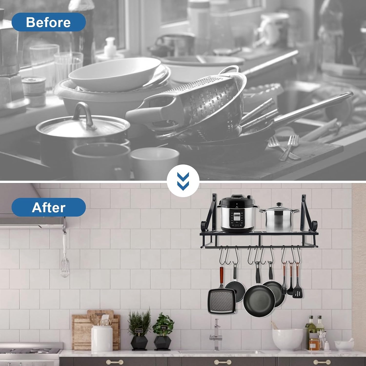 Wall Mount Metal Pot Rack with 10 Hooks