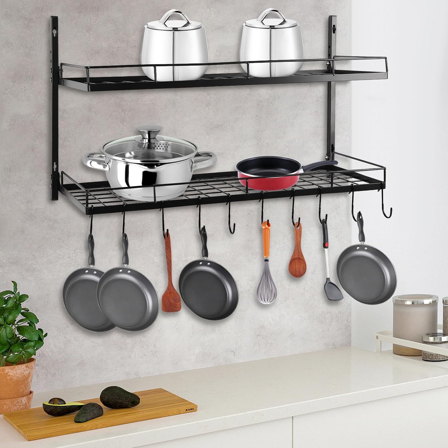 2-Tier Black Wall Pot Rack with 10 Hooks