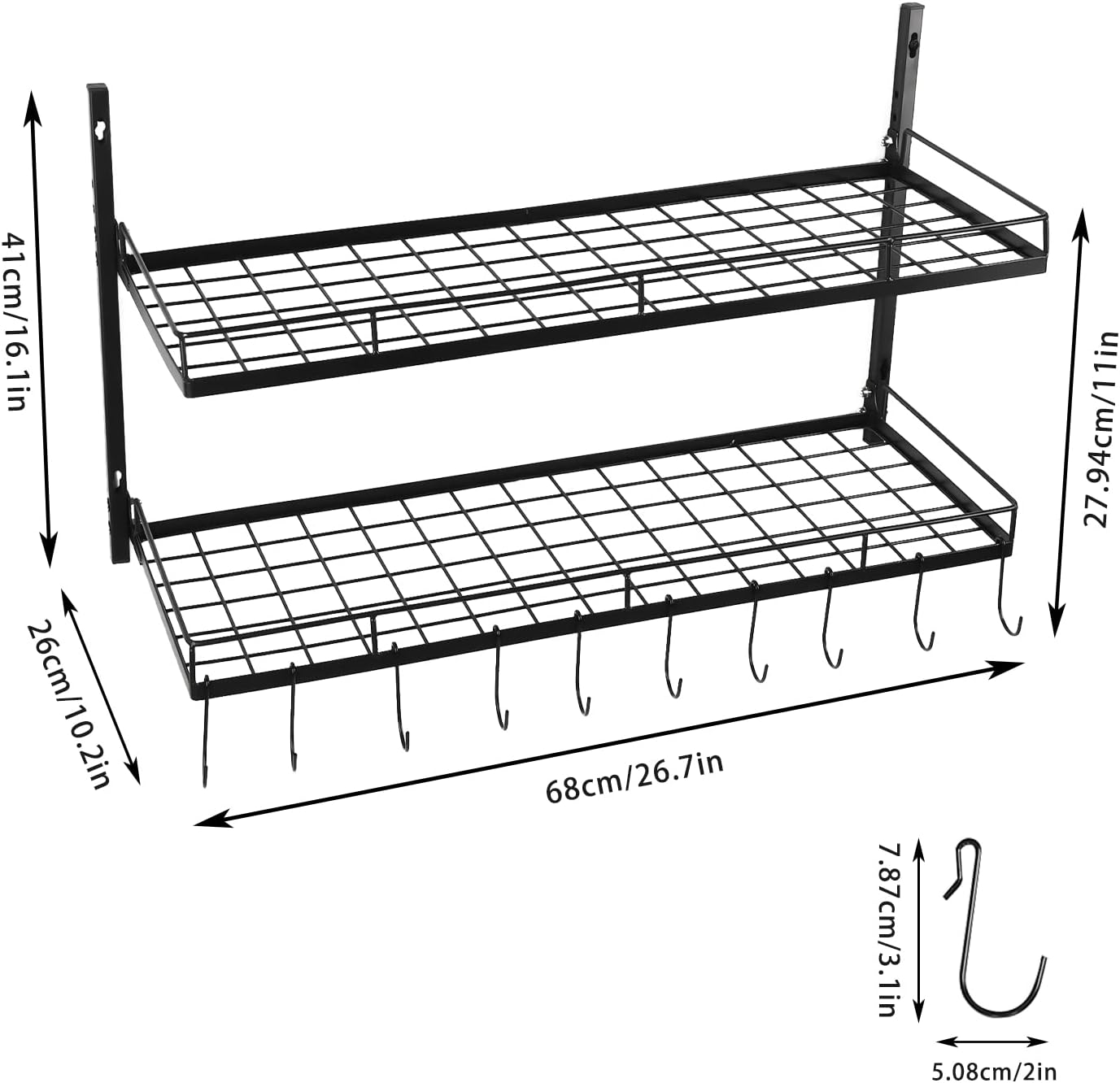 2-Tier Black Wall Mount Pot Rack with 10 Hooks