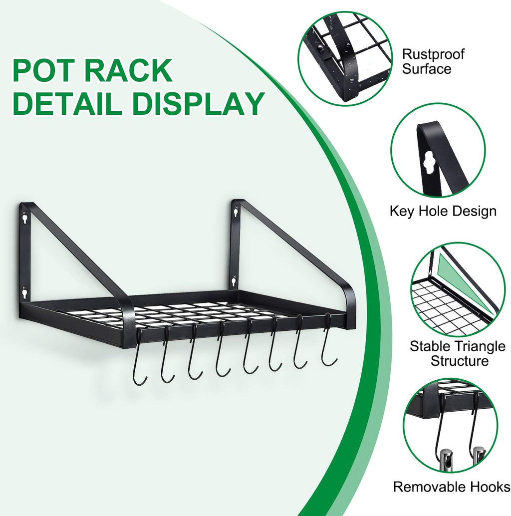 Black Wall Pot Rack 8 Hooks Dual Mount