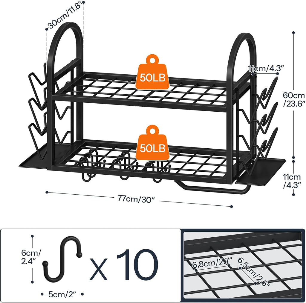 30 Inch Black Wall Mount Pot Rack with Lid Holders & Towel Bar