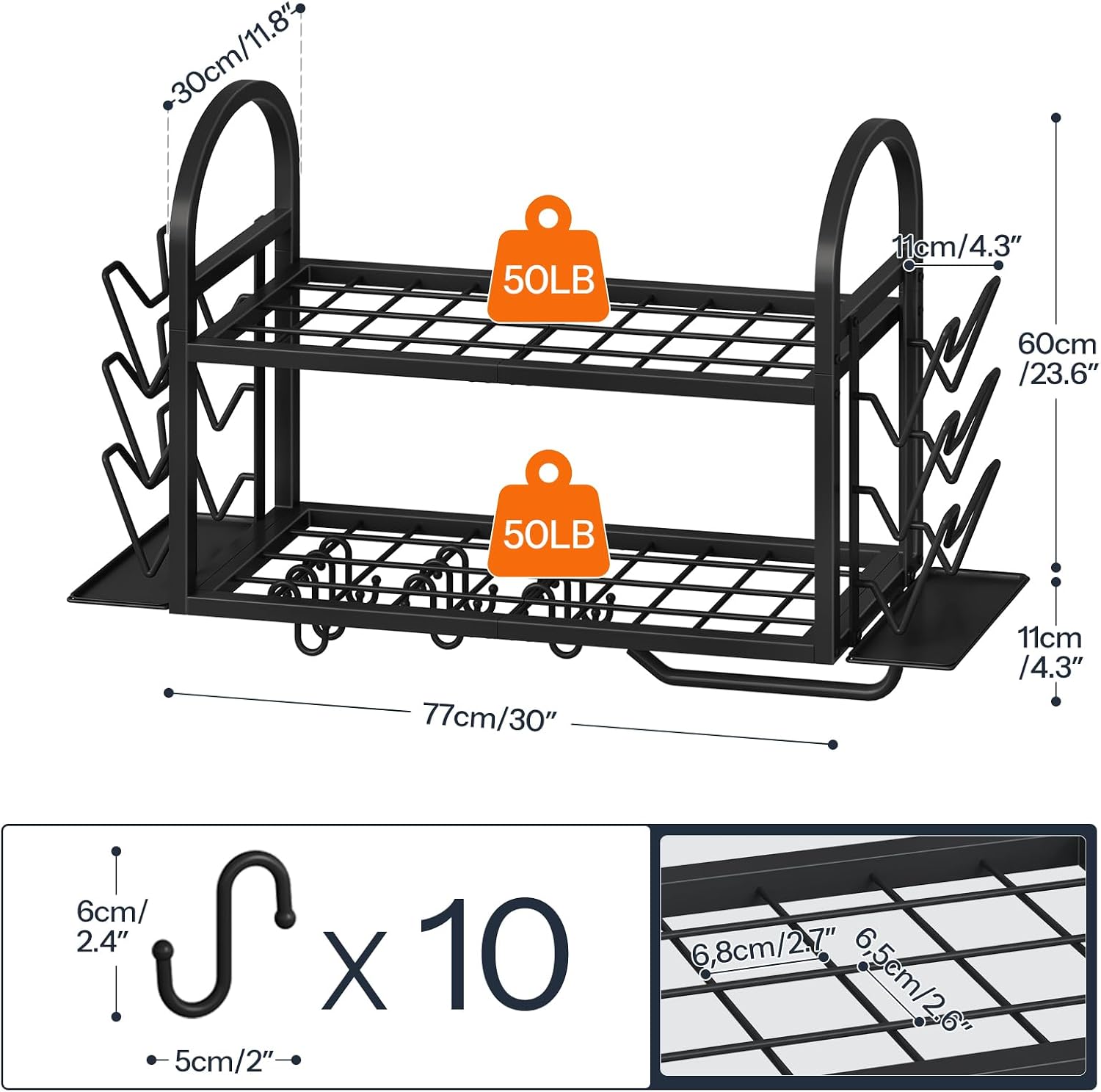 30 Inch Black Wall Mount Pot Rack with Lid Holders & Towel Bar
