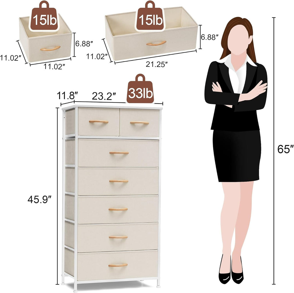 Beige 7-Drawer Fabric Dresser