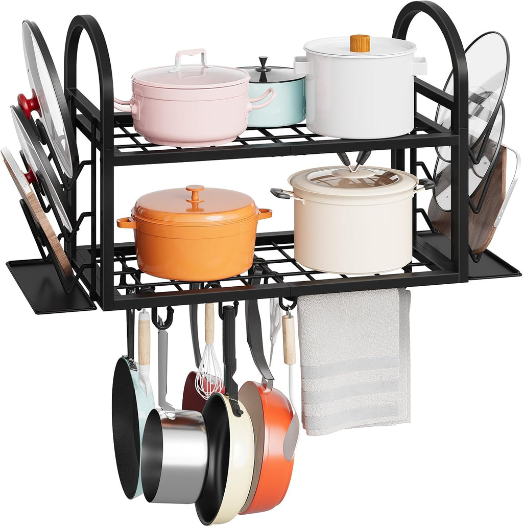 30 Inch Black Wall Mount Pot Rack with Lid Holders & Towel Bar