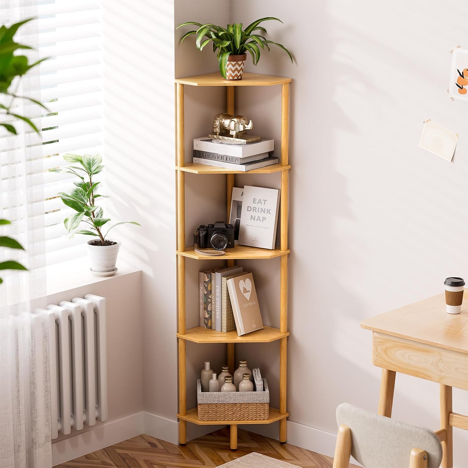 5 Tier Tall Bamboo Corner Storage Shelf