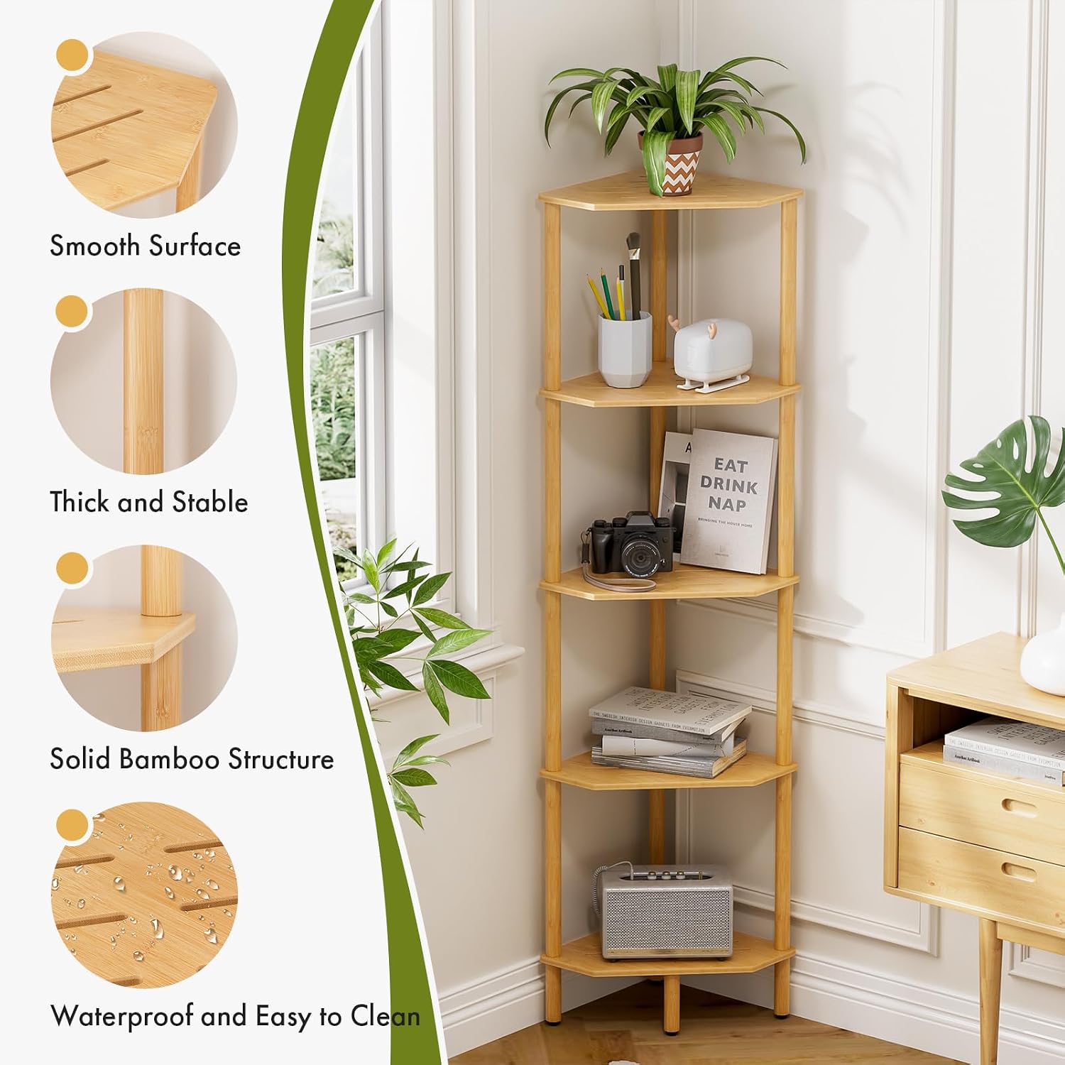 5 Tier Tall Bamboo Corner Storage Shelf